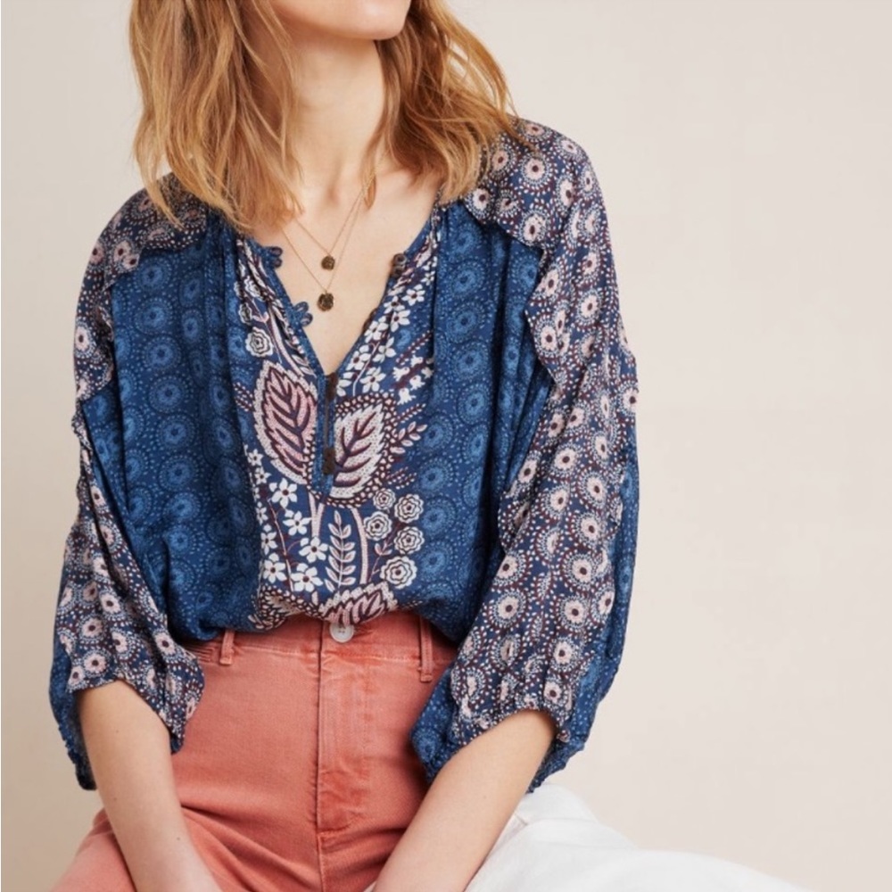 Maeve Anthropologie Letizia Ruffled Blouse Blue Medium
